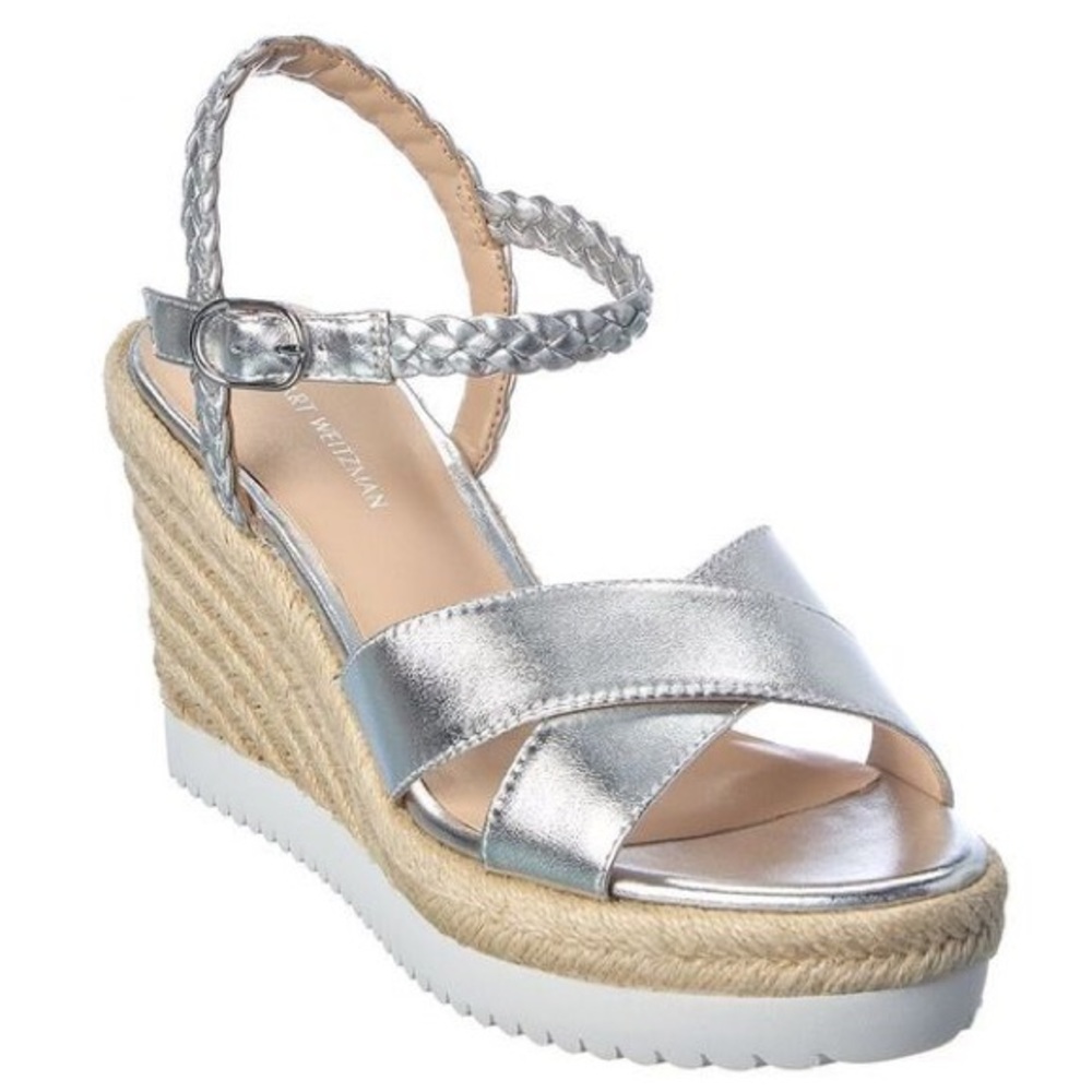 Stuart Weitzman Mykonos Espadrille Metallic Silver Wedge Sandal $395